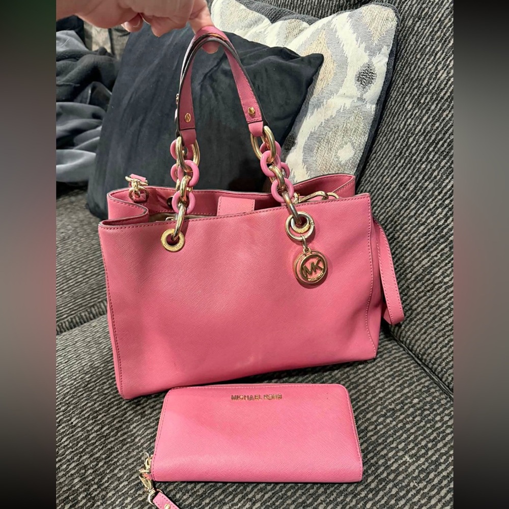 Michael Kors Pink Saffiano Satchel with Wallet and Gold-Tone Hardware